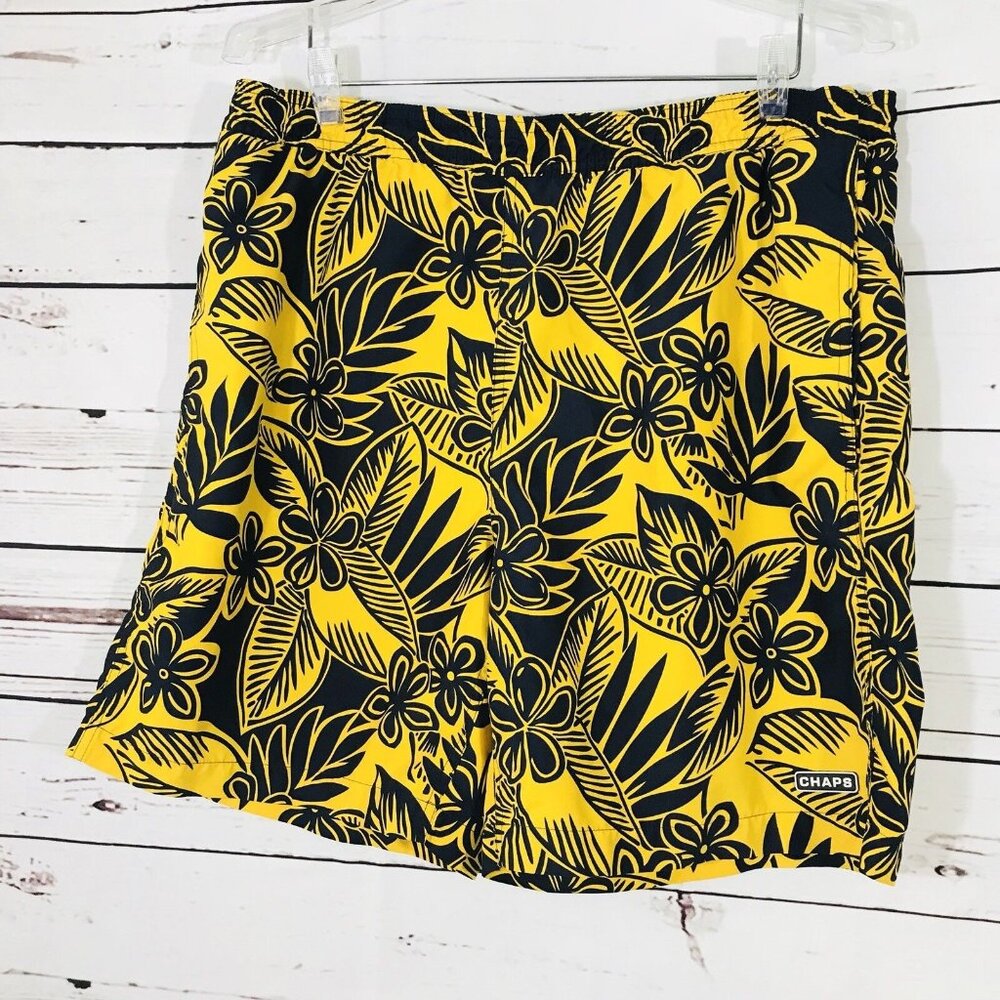 Chaps Board Swim Shorts Mens Sz Medium Yellow Blue Floral Pockets Long